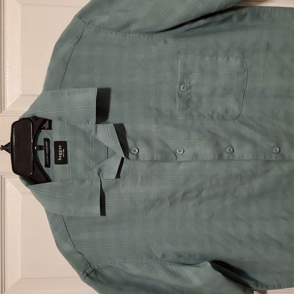 Haggar Luxury Microfiber Men's Green Plaid Button Down Short Sleeve Shirt- Large - Picture 2 of 7